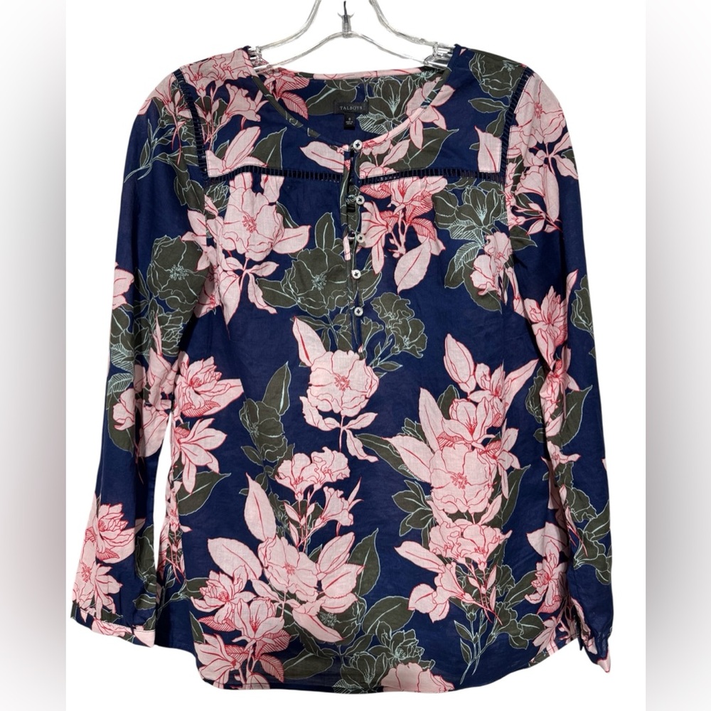 Talbots Navy Blue Pink Playful Floral Cotton Popover Blouse - Small